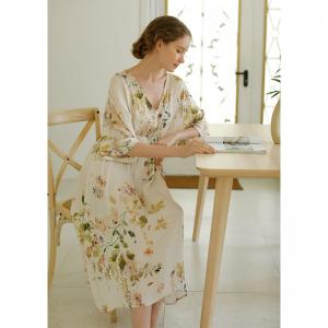 High Waist Floral Silk Sleep Dress V-Neck Summer Pajamas Dress