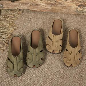 Hollow Out Cowhide Beach Slippers Womens Flat Sandals