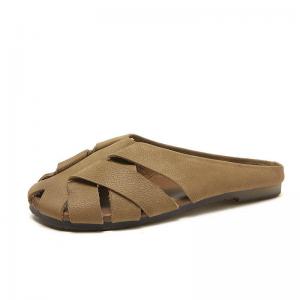 Hollow Out Cowhide Beach Slippers Womens Flat Sandals