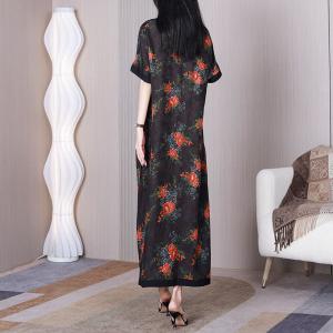 Red Flowers Silk Shift Dress Senior Women Black Caftan Dress