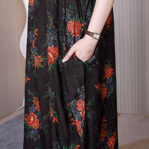 Red Flowers Silk Shift Dress Senior Women Black Caftan Dress