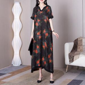 Red Flowers Silk Shift Dress Senior Women Black Caftan Dress