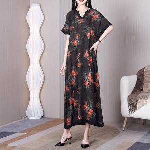 Red Flowers Silk Shift Dress Senior Women Black Caftan Dress