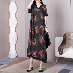 Red Flowers Silk Shift Dress Senior Women Black Caftan Dress