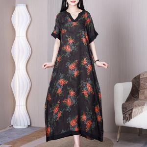 Red Flowers Silk Shift Dress Senior Women Black Caftan Dress