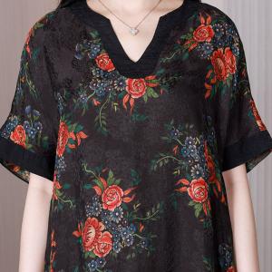 Red Flowers Silk Shift Dress Senior Women Black Caftan Dress