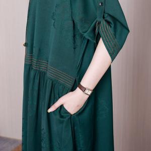 Chinese Frog Button Green Dress Loose Jacquard Elegant Dress