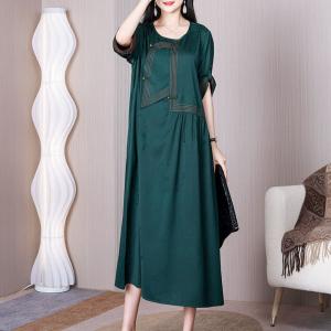 Chinese Frog Button Green Dress Loose Jacquard Elegant Dress