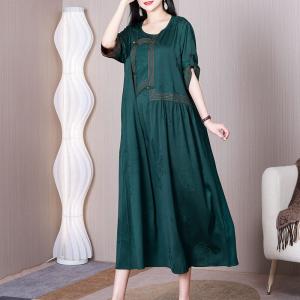 Chinese Frog Button Green Dress Loose Jacquard Elegant Dress