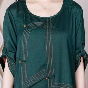 Chinese Frog Button Green Dress Loose Jacquard Elegant Dress