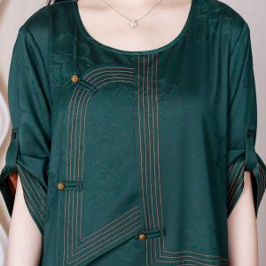 Chinese Frog Button Green Dress Loose Jacquard Elegant Dress