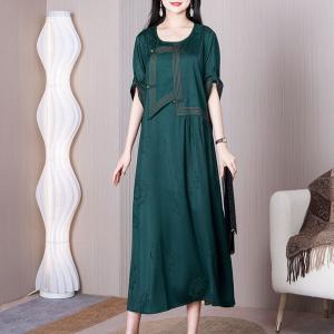 Chinese Frog Button Green Dress Loose Jacquard Elegant Dress