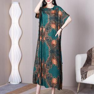 Short Sleeves Elegant Green Qipao Dress Jacquard Slit Dress
