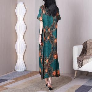 Short Sleeves Elegant Green Qipao Dress Jacquard Slit Dress
