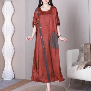 Jacquard Pocket Plus Size Caftan Slanted Buttons Silk Dress