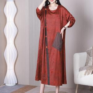 Jacquard Pocket Plus Size Caftan Slanted Buttons Silk Dress