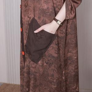 Jacquard Pocket Plus Size Caftan Slanted Buttons Silk Dress