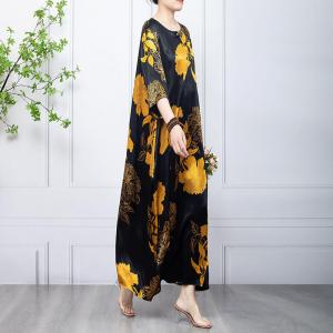 Yellow Flowers Black Caftan Dress Summer Silk Modest Dress