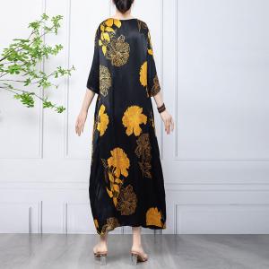 Yellow Flowers Black Caftan Dress Summer Silk Modest Dress