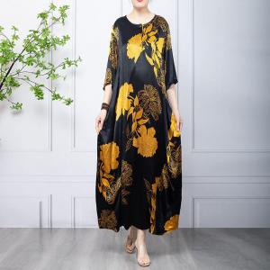 Yellow Flowers Black Caftan Dress Summer Silk Modest Dress