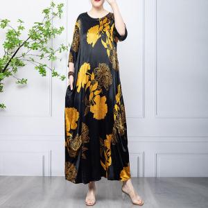 Yellow Flowers Black Caftan Dress Summer Silk Modest Dress