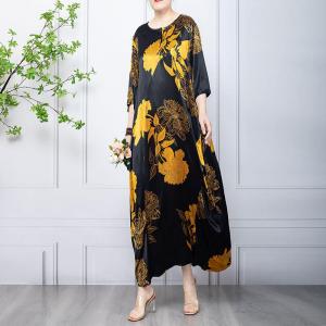 Yellow Flowers Black Caftan Dress Summer Silk Modest Dress