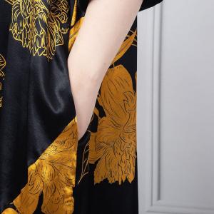 Yellow Flowers Black Caftan Dress Summer Silk Modest Dress