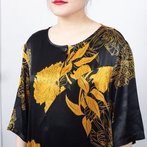 Yellow Flowers Black Caftan Dress Summer Silk Modest Dress