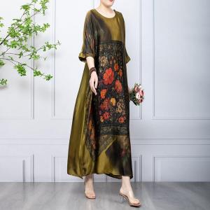 Chinese Peony Silky Caftan Dress Midi Loose Elegant Dress