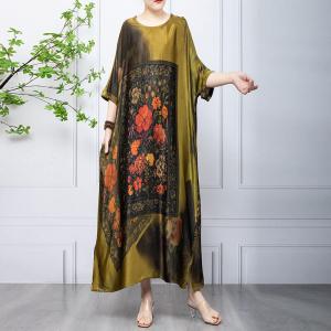 Chinese Peony Silky Caftan Dress Midi Loose Elegant Dress