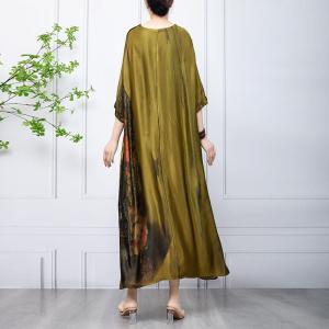 Chinese Peony Silky Caftan Dress Midi Loose Elegant Dress