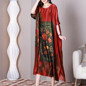 Chinese Peony Silky Caftan Dress Midi Loose Elegant Dress