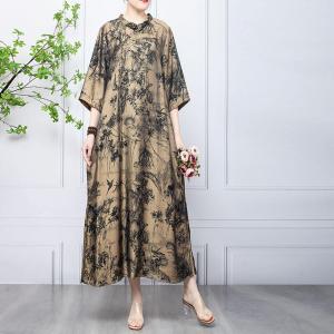 Landscape Painted Silk Caftan Elegant Boho Tropical Dress