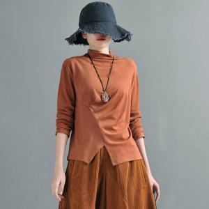 Long Sleeves Mock Neck T-shirt Pleated Basic Tee