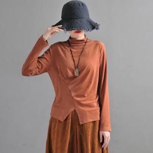 Long Sleeves Mock Neck T-shirt Pleated Basic Tee