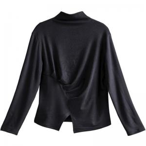 Long Sleeves Mock Neck T-shirt Pleated Basic Tee