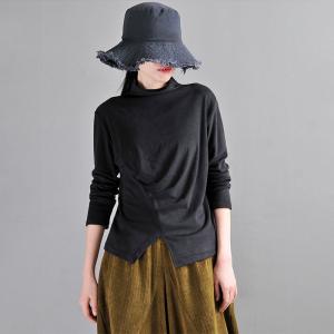 Long Sleeves Mock Neck T-shirt Pleated Basic Tee