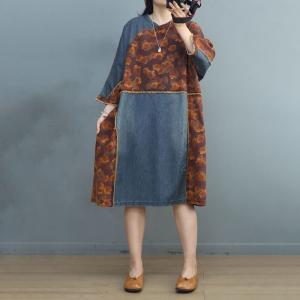 Denim Patchwork Printed Fringed Dress Loose Midi Flax Clothing