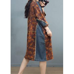 Denim Patchwork Printed Fringed Dress Loose Midi Flax Clothing