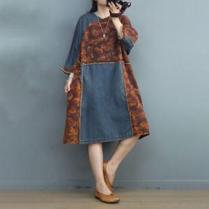 Denim Patchwork Printed Fringed Dress Loose Midi Flax Clothing