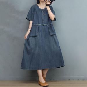 Empire Waist Soft Denim Dress Stone Wash Swing Dress