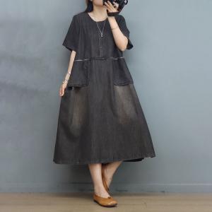 Empire Waist Soft Denim Dress Stone Wash Swing Dress