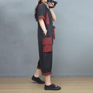 Red Hem Tied Waist Jumpsuits Short Sleeves Black Jean Jumpsuits