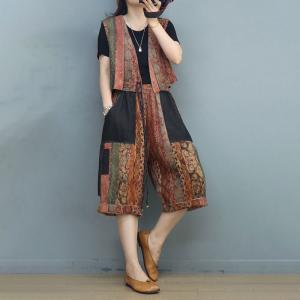 Folk Totem Striped Pattern Vest with Cotton Linen Cropped Pants