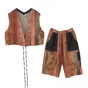 Folk Totem Striped Pattern Vest with Cotton Linen Cropped Pants
