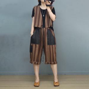 Folk Totem Striped Pattern Vest with Cotton Linen Cropped Pants