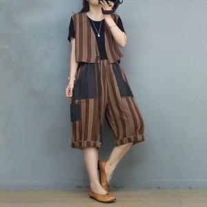 Folk Totem Striped Pattern Vest with Cotton Linen Cropped Pants