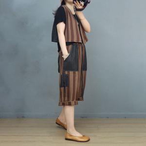 Folk Totem Striped Pattern Vest with Cotton Linen Cropped Pants