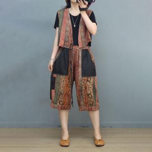 Folk Totem Striped Pattern Vest with Cotton Linen Cropped Pants