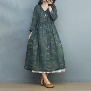 Tie Waist Floral Green Dress Ramie Loose Resort Wear